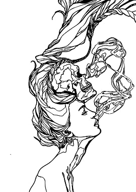 Woman, Skull, and Smoke Line Art