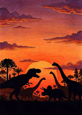 Dinosaur Silhouettes at Sunset