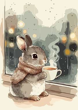 Cozy Rabbit with Coffee on Rainy Day