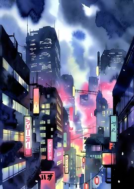 Cityscape Nighttime Painting