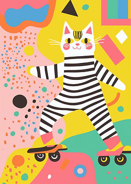Kawaii Roller-Skating Cat – Colorful 80s Memphis Art