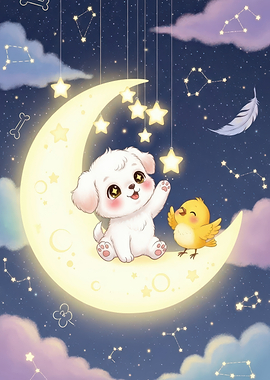 Cute Dog and Bird on Moon