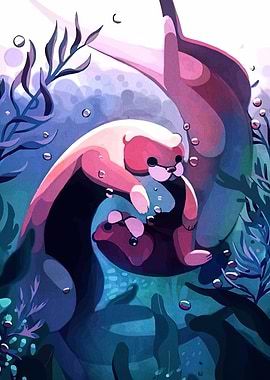 Otters swimming underwater illustration