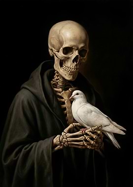 Skeleton with Dove in Dark Setting
