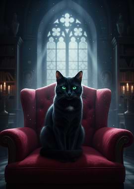 Black Cat on Red Velvet Throne