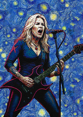 Female Guitarist in Starry Night Style