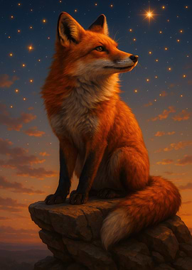 Fox on a Rock at Night