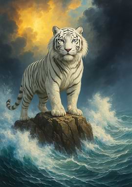 White Tiger on Rock in Ocean