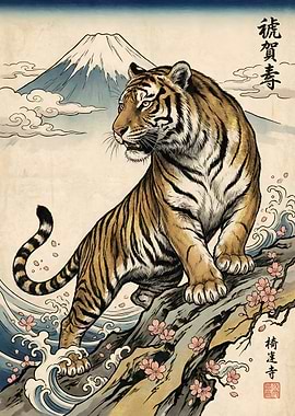 Tiger and Mount Fuji Ukiyo-e Print