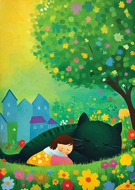 Girl and Cat Sleeping in Meadow