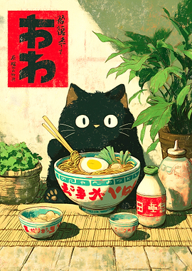 Black Cat with Ramen Bowl Illustration
