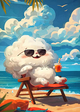 Cloud Character Relaxing on Beach