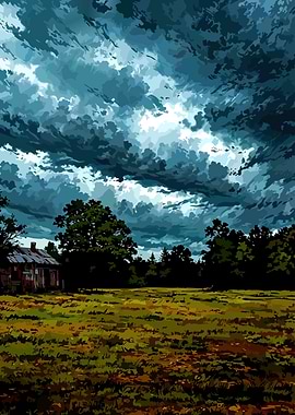 Stormy Sky over Rural Landscape