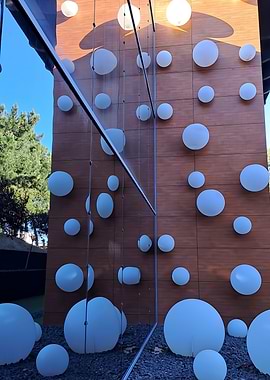 Modern building facade with sphere decorations