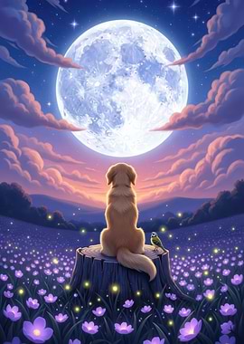 Dog and Bird Under the Moon
