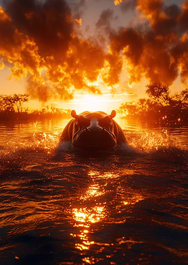 Hippo in Water at Sunset