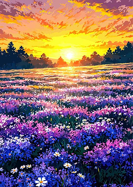 Floral Field at Sunset Painting