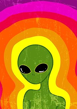 Retro Vintage Poster – Colorful Green Alien Illustration