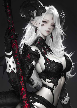Demon Girl with Horns and Staff