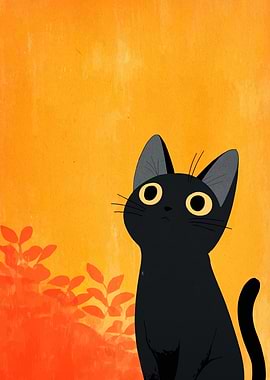 Black Cat Illustration on Orange Background