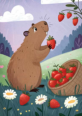 Capybara with Strawberries Illustration