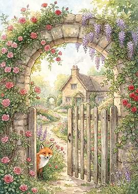 Watercolor Cottage Garden with Fox