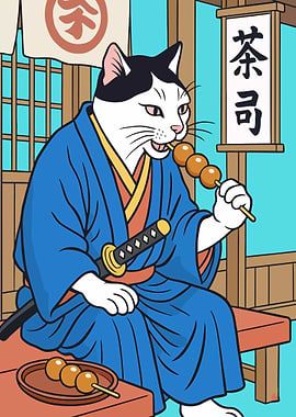 Samurai Cat Eating Dango