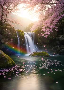 Cherry Blossom Waterfall Landscape