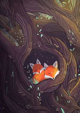 Foxes Sleeping in Tree Hollow