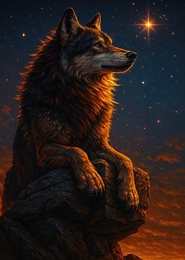 Wolf on a Cliff at Night