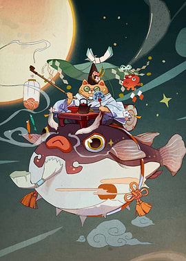 Cat riding a pufferfish illustration