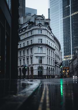 Rainy Cityscape with Classic Architecture