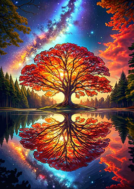 Magic Autumn Tree of Life at Lake Reflection Nature