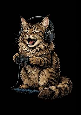 Gamer Cat with Headset and Controller