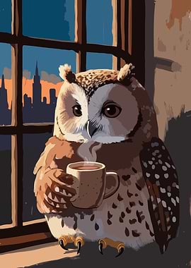 Owl with Coffee by the Window
