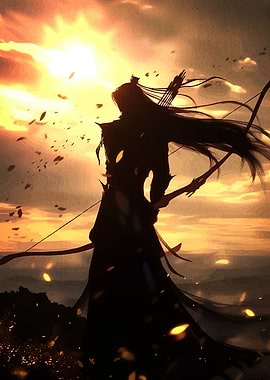 Silhouette Archer Against Sunset Sky