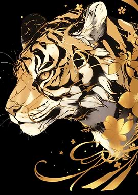 Golden Tiger Floral Illustration on Black