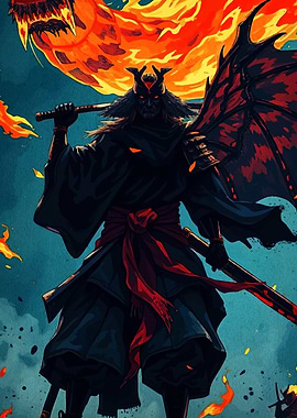 Demon Samurai with Fiery Dragon