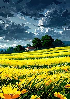 Yellow Flower Field Under Cloudy Sky