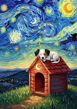 Dog sleeping on doghouse, starry night