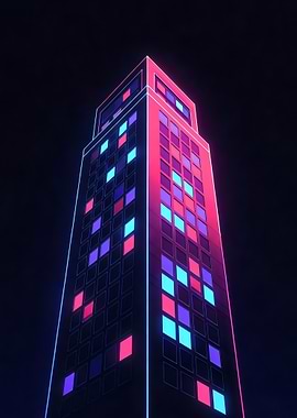 Neon Lit Skyscraper at Night