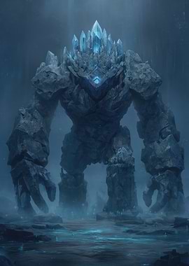 Crystal Golem in Misty Landscape