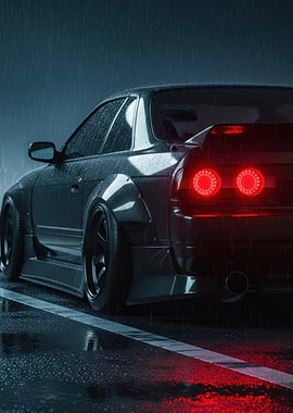 Black Car in Rainy Cityscape