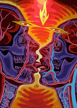 Surreal Kissing Skulls with Eyes