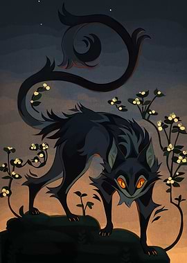 Stylized Black Cat with Curled Tail