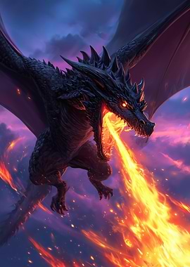 Dragon Breathing Fire in Fantasy Sky