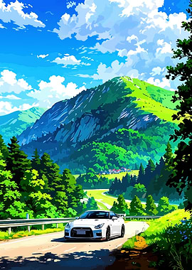 White Nissan GTR on Mountain Road
