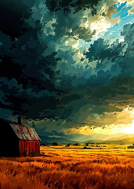 Rural Landscape with Barn and Stormy Sky
