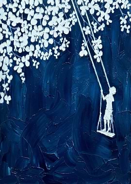 Child on Swing Under Blossoming Tree