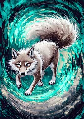 Fox in swirling turquoise vortex